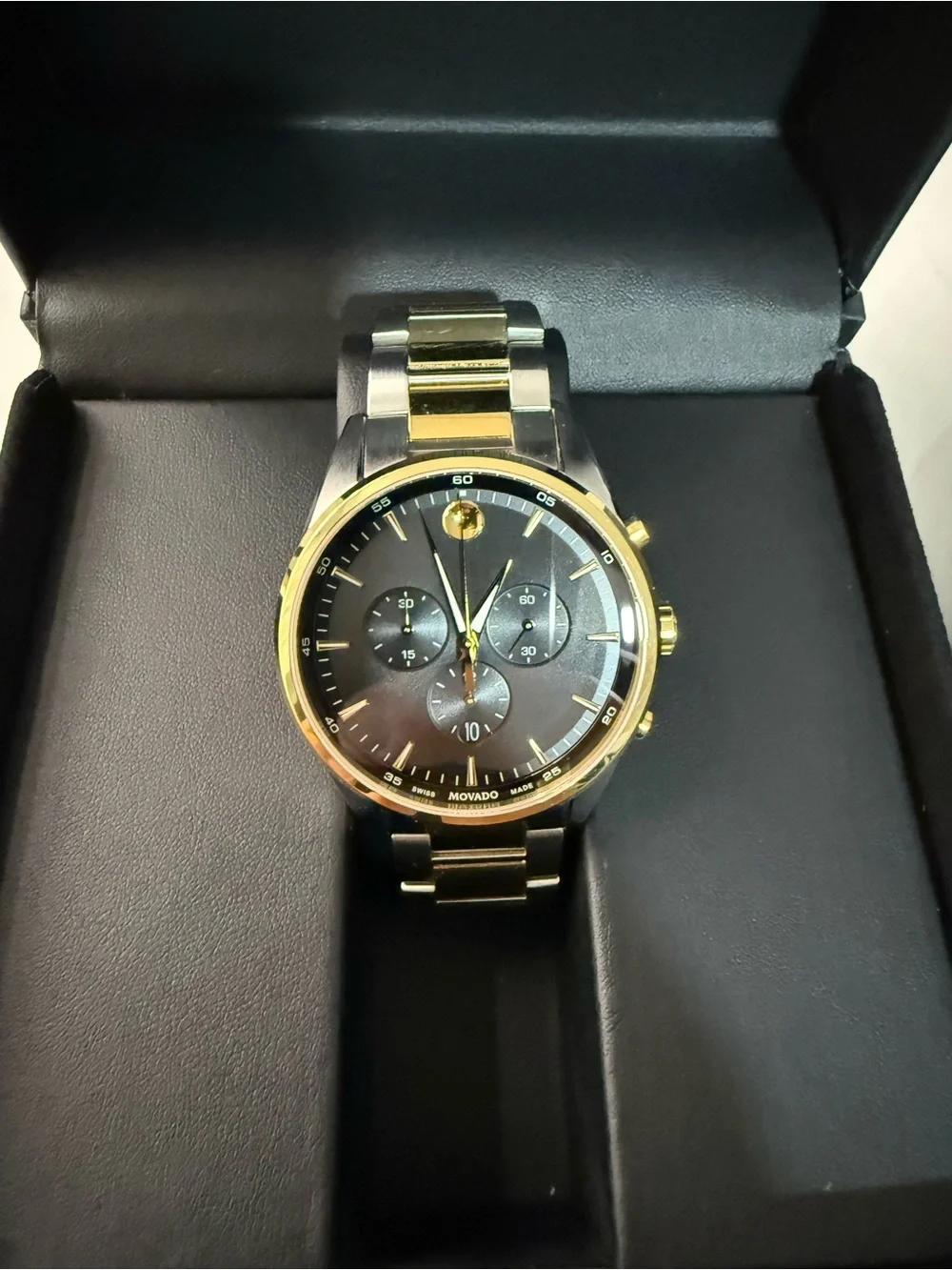 Movado Two Tone Bracelet Watch with Black Dial